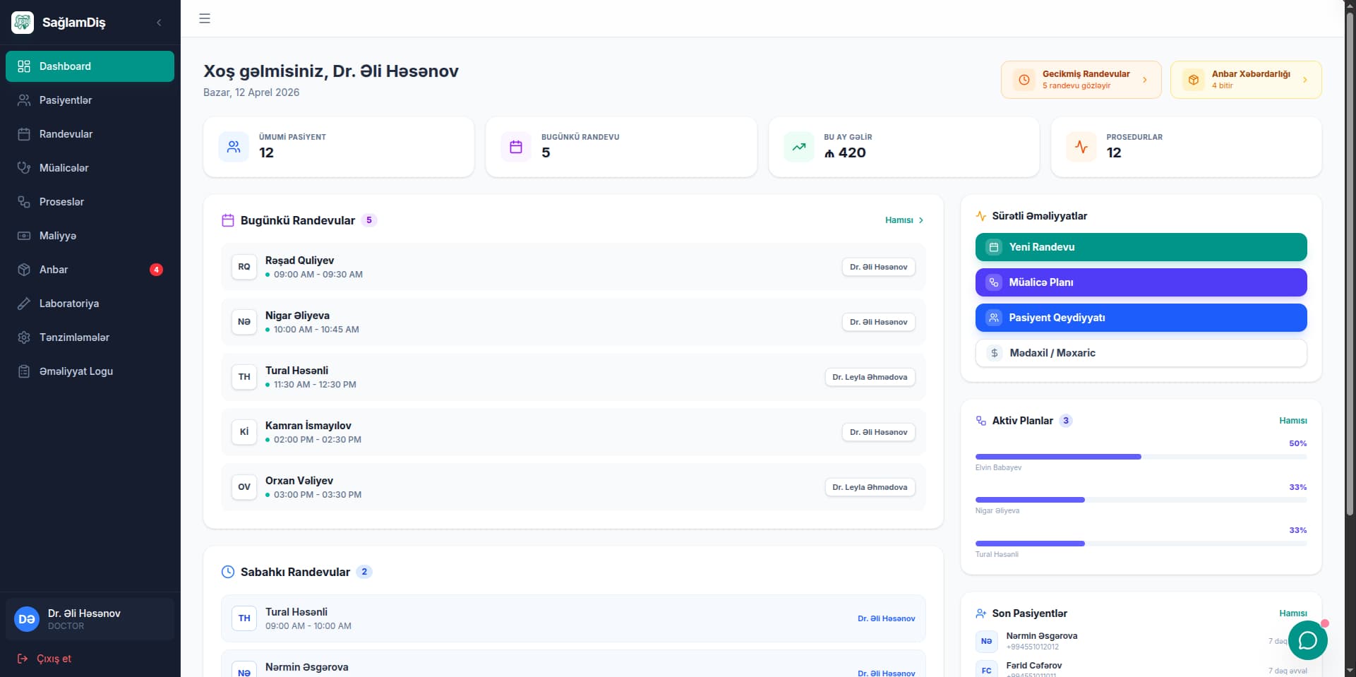 GateDent Dashboard - Stomatoloji klinika idarəetmə paneli, dental practice management dashboard, klinika statistika və analitika GateDent Dashboard - Stomatoloji klinika idarəetmə paneli, dental practice management dashboard, klinika statistika və analitika